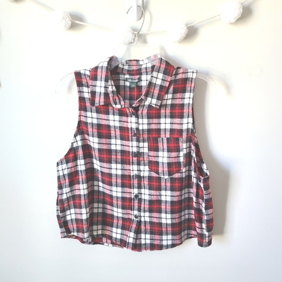 Red Plaid Flannel Sleeveless Button Down Shirt Size Large - Picture 1 of 8
